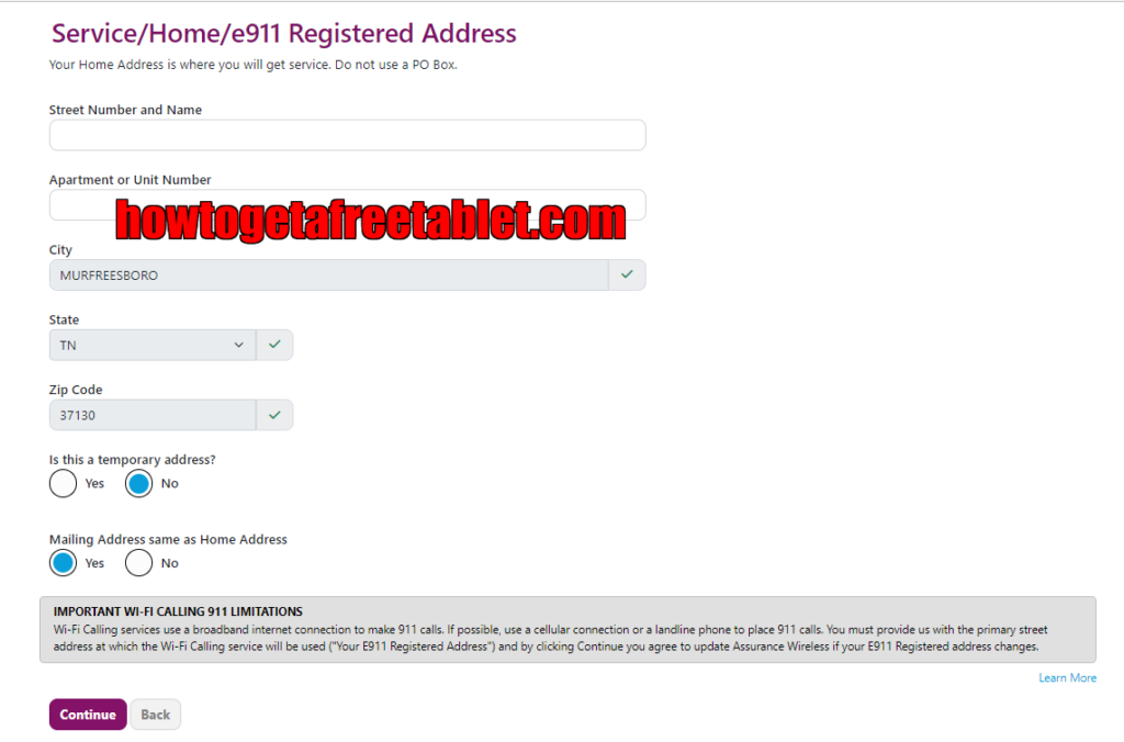 Enter your Correct Home Address for Assurance Wireless Application form