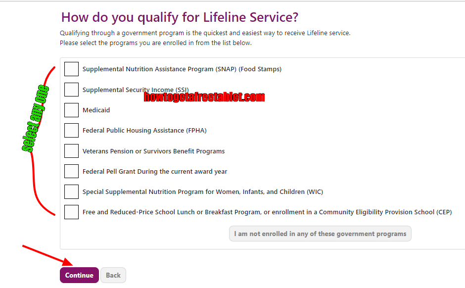 Select the Government Assistance Program If you receive from Lifeline